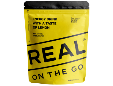 Lemon-flavored energy drink REAL On the Go Energy Drink Lemon - ultra-light and fresh with a pleasant lemon aroma. Perfect choice for hydration during hikes and sports.