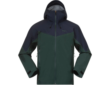 Men's hardshell jacket Bergans Rabot Light 3L Shell Jacket in Duke Green/Navy Blue - a lightweight, windproof, and rain-resistant jacket with a 20,000 mm water column. High-quality craftsmanship from Norway.