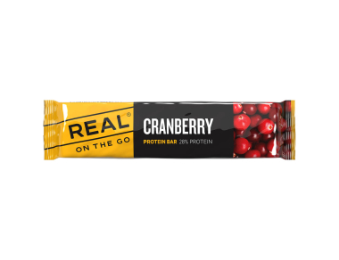 Protein Bar REAL On the Go Cranberry 42g - a tasty and calorie-packed bar for the mountain, hikes, and everyday use. Blueberry flavor!